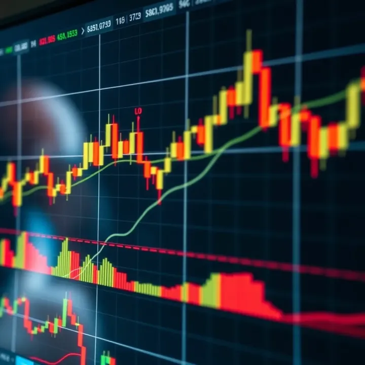 Graph of financial market fluctuations with candlestick patterns representing day trading activity