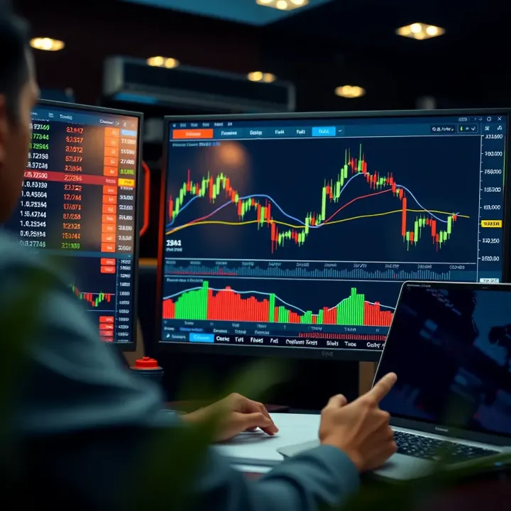 Detailed interface of a day trading platform showing charts, indicators, and order book for real-time trading decisions