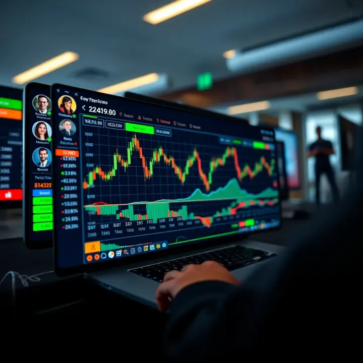 Overview of Leading Copy Trading Platforms Illustration showing a digital platform interface with charts and trader profiles representing copy trading activity