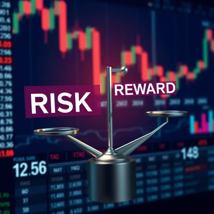 Balancing Risk and Reward in Binary Options Investment Graphic representing risk and reward balance in binary options investment with financial charts and indicators