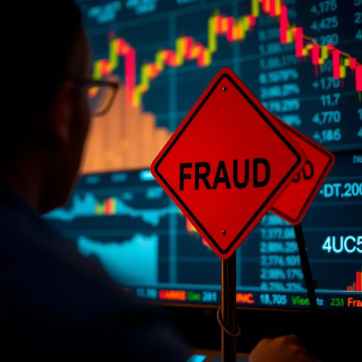 Illustration of binary options trading with financial charts and warning signs indicating risks and frauds