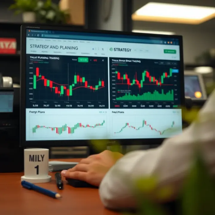 Strategy and Education for Successful Binary Options Trading Graphic depicting strategy planning with charts, risk management, and educational resources for binary options