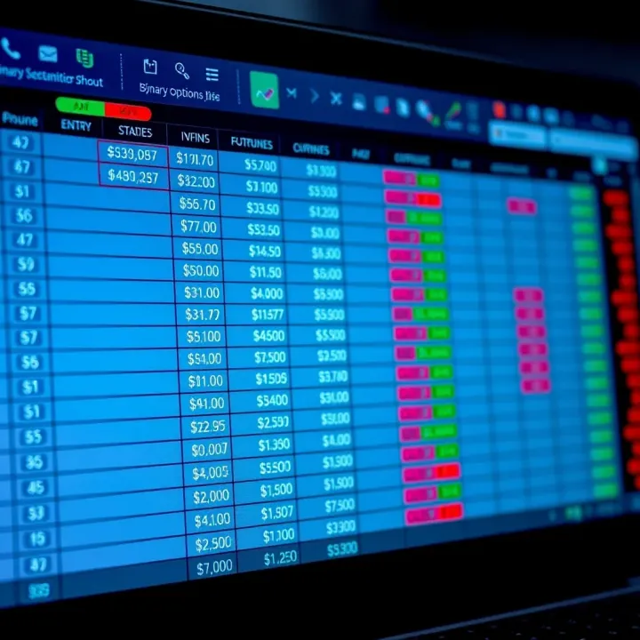 Spreadsheet displaying binary options trades with columns for investment amounts, entry points, and profits