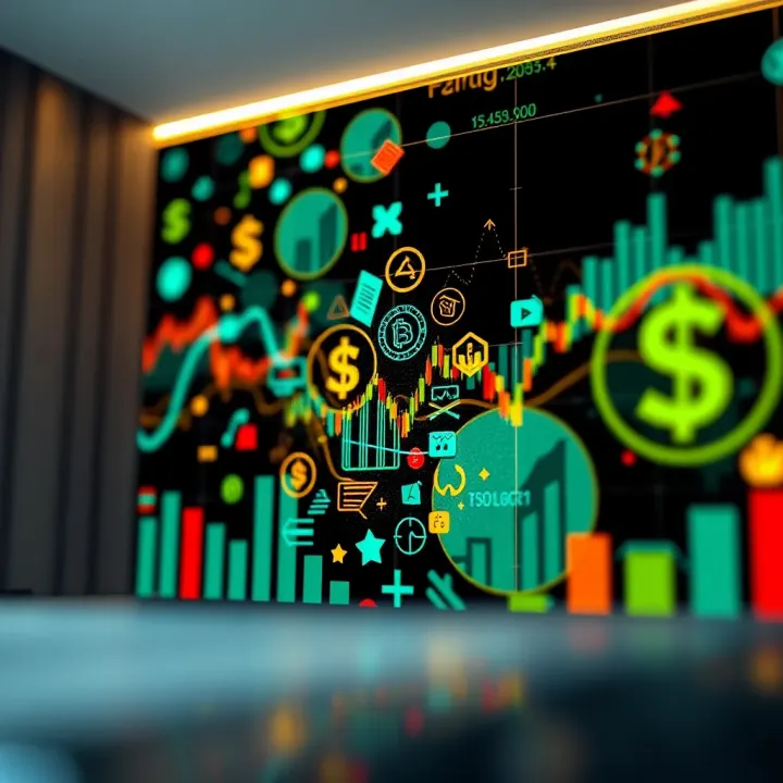 Creative wallpaper design featuring abstract financial icons and trading symbols