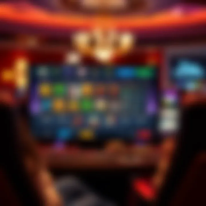 Illustration of a virtual casino interface showing various slot machines and betting options on screen