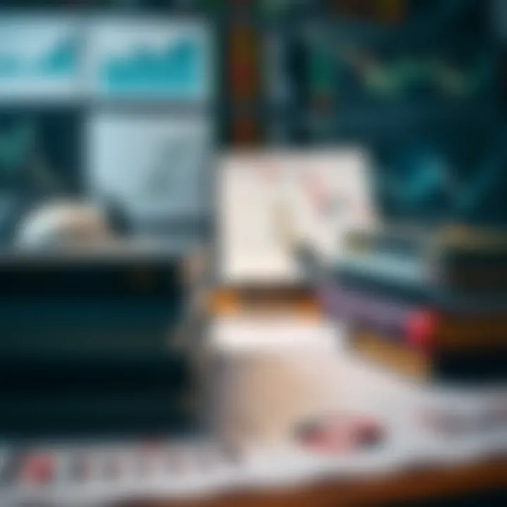 Books on a desk with charts and trading graphs for day trading education