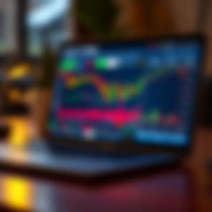 Illustration showing a laptop screen with forex trading platform open displaying charts and currency pairs