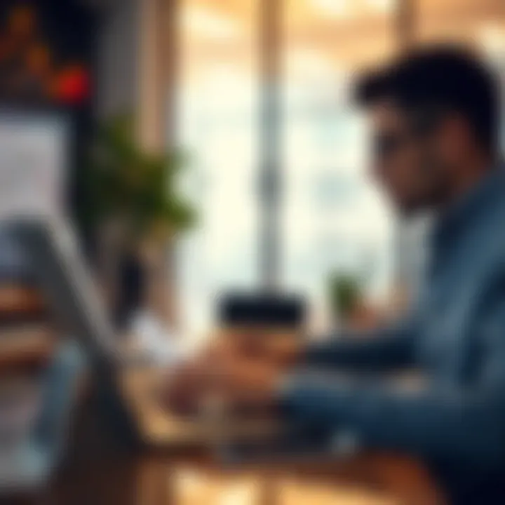 Visualization of an investor using a laptop to explore demo trading options for risk-free financial market learning