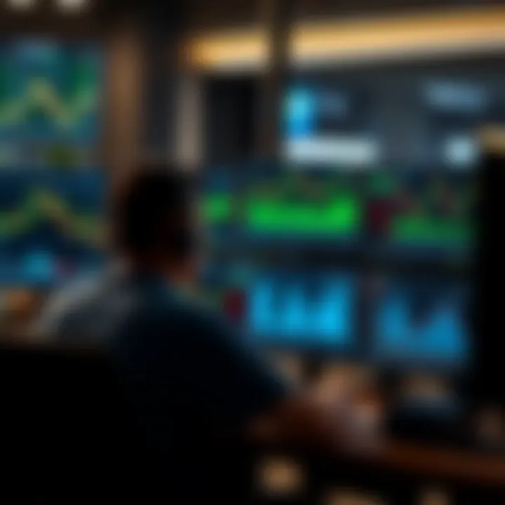 A trader analyzing multiple financial charts on dual monitors