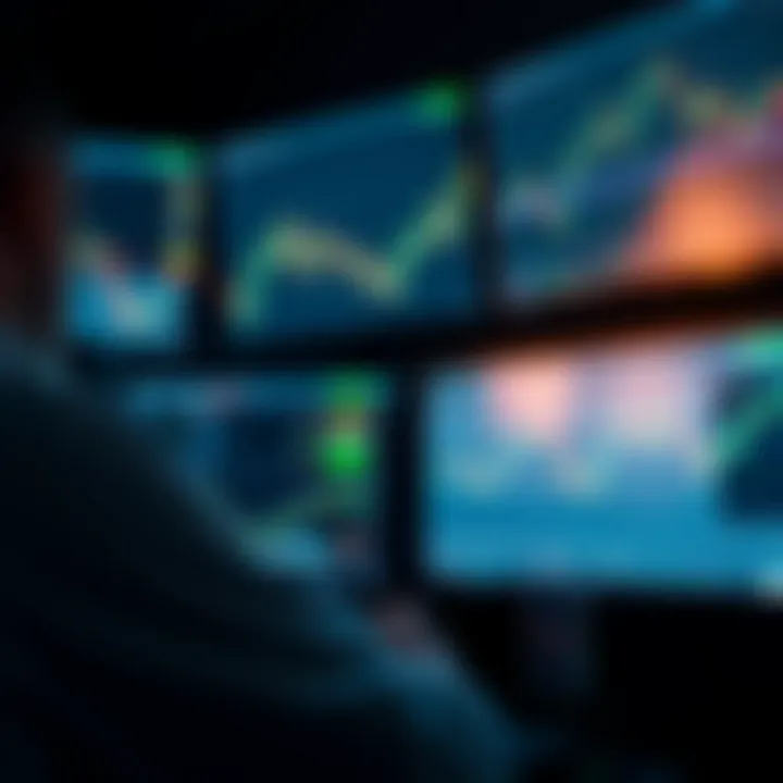 Trader analyzing market trends on multiple monitors with trading platform interface