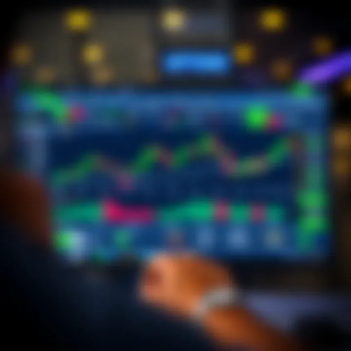 Illustration of a digital trading platform showing binary options interface with charts and demo account features