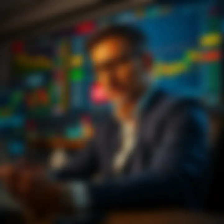 Investor analyzing risk and benefits of binary options brokers with charts and financial data