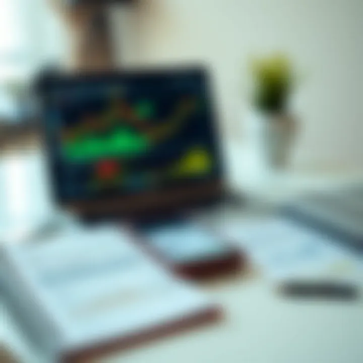 Collection of trading tools including a laptop displaying market analysis, a smartphone with trading app, and notebooks with trading strategies