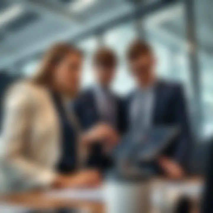 Business professionals analyzing market data charts on a digital tablet in a modern office