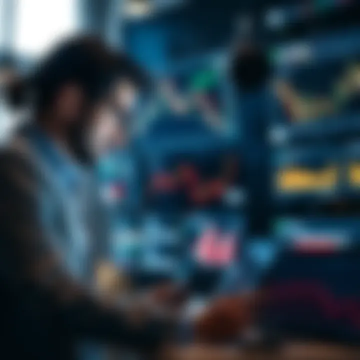 Business professionals analyzing market data on digital devices