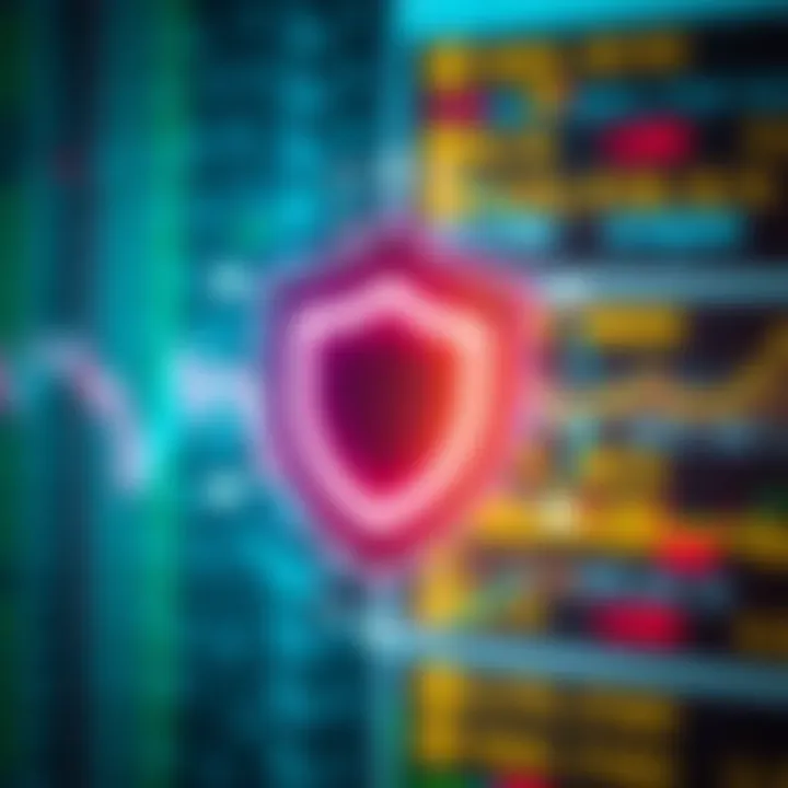 Illustration of secure financial transactions with shield icon and digital data symbols