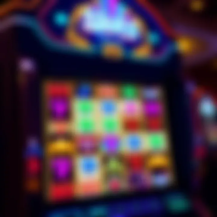 Colorful slot machine interface displaying various symbols and paylines with a glowing background