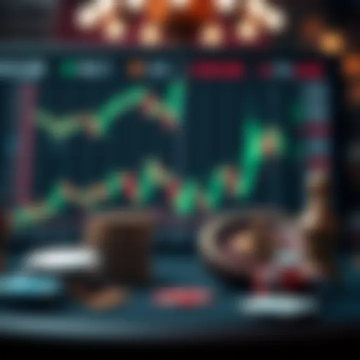 Illustration showing the comparison between binary options trading and casino gambling with symbols of financial charts and casino icons
