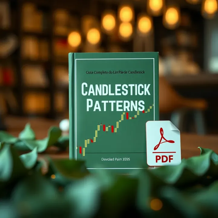 Candlestick Patterns Book in PDF Format for Investors Representation of a digital book cover titled 'Candlestick Patterns' alongside a PDF document icon indicating downloadable format