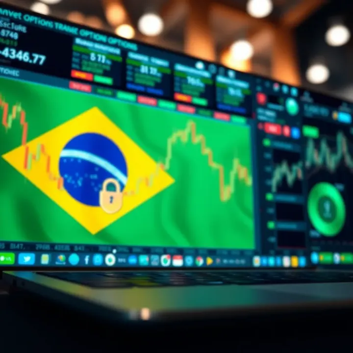 Illustration of secure online trading platform with Brazilian flag and safety shield