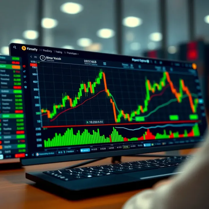 Digital interface showing binary options trading charts and statistics