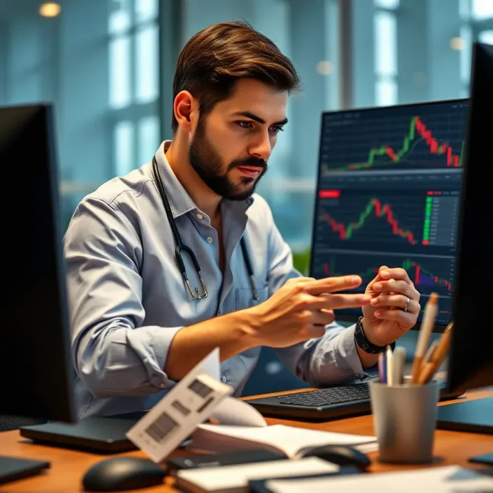 Investor comparing features and risks of various binary options platforms on a computer