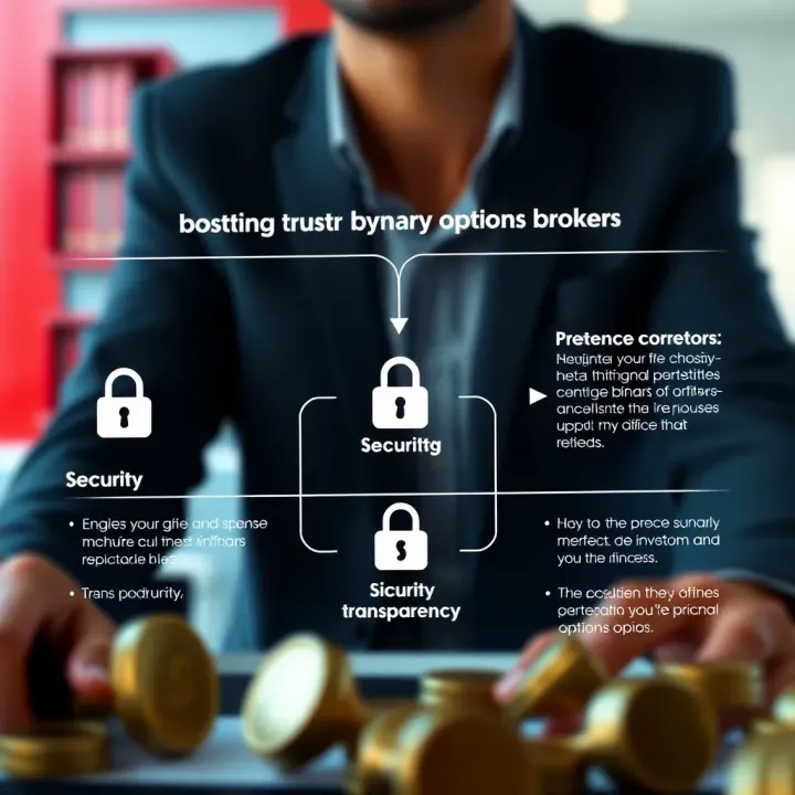 Diagram highlighting key factors for choosing trustworthy binary options brokers with icons for security and transparency