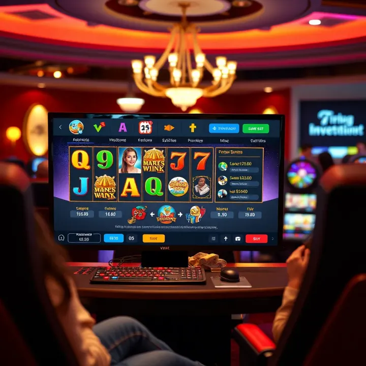 Illustration of a virtual casino interface showing various slot machines and betting options on screen