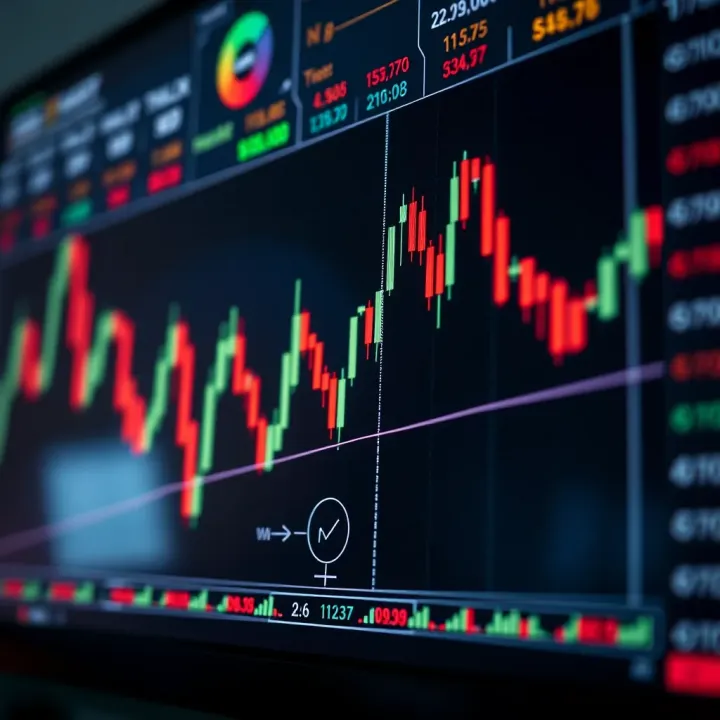 Key Strategies and Tools in Day Trading Chart displaying fluctuating stock prices with candlestick patterns and volume indicators