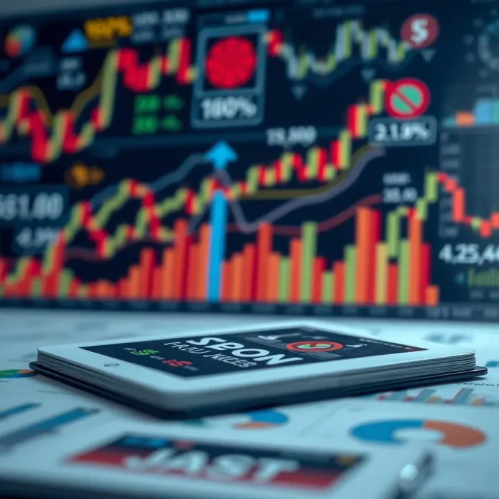 Illustration of binary options trading concepts with charts and financial icons