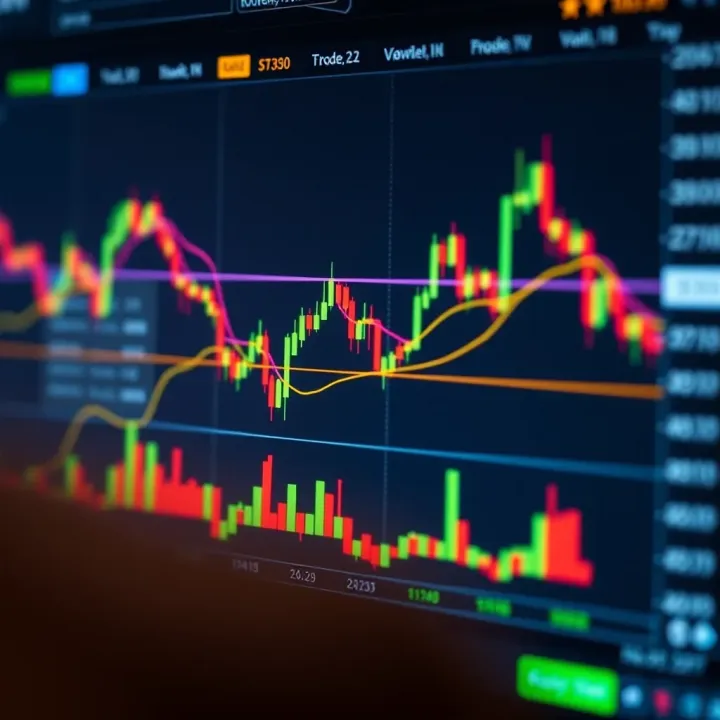 Chart showing cryptocurrency price movements with technical indicators like moving averages and volume bars