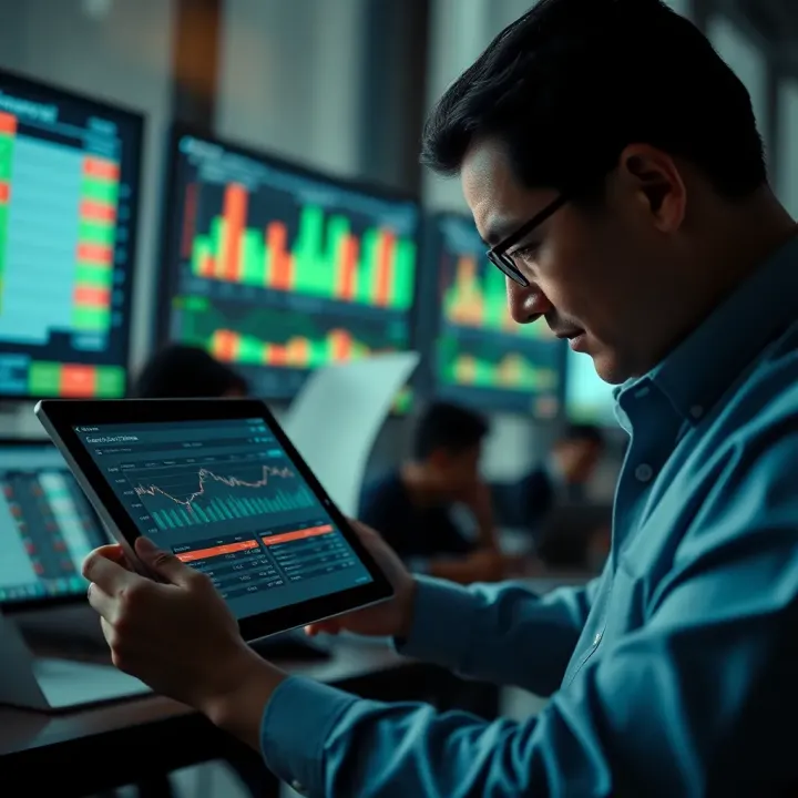 Financial analyst reviewing economic calendar data on a digital tablet
