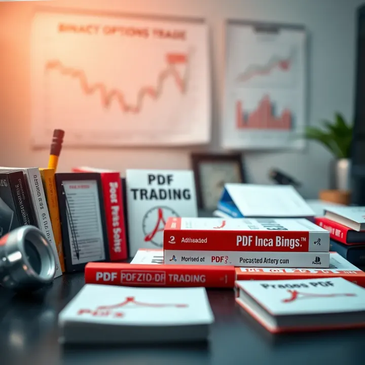 Collection of free PDF books about binary options trading arranged on a desk