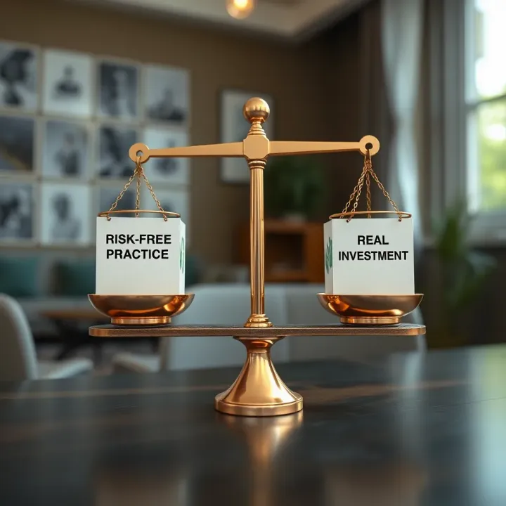 Balancing Risk-Free Practice and Real Investment in Forex Trading Graphic depicting a balanced scale with 'risk-free practice' on one side and 'real investment' on the other
