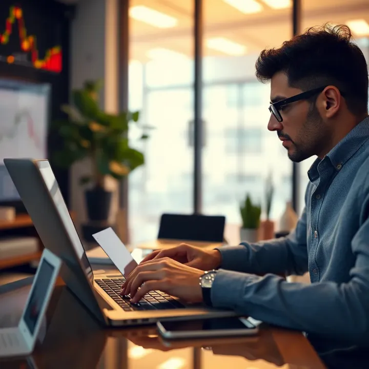Visualization of an investor using a laptop to explore demo trading options for risk-free financial market learning