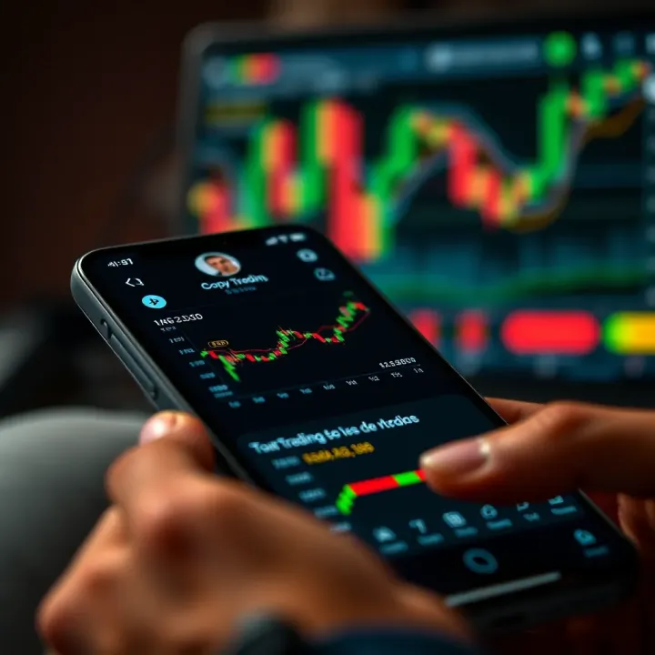Mobile phone screen displaying copy trading app interface with charts and trader profiles