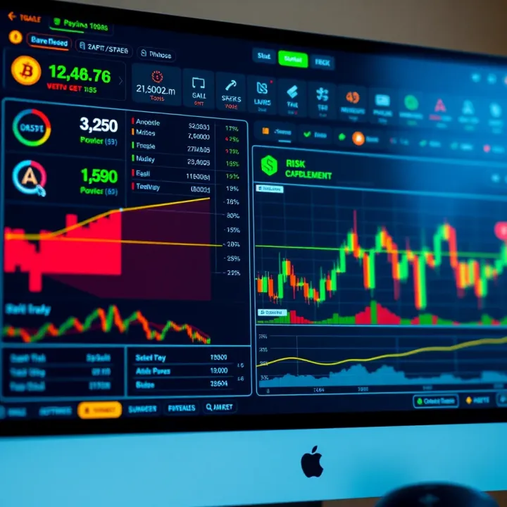 Digital dashboard displaying various cryptocurrency trading tools and risk management features