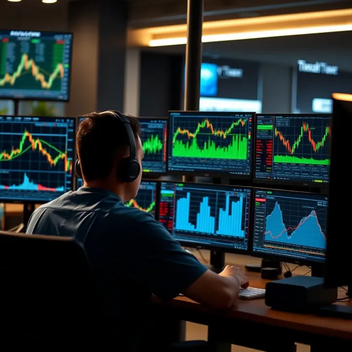 A trader analyzing multiple financial charts on dual monitors