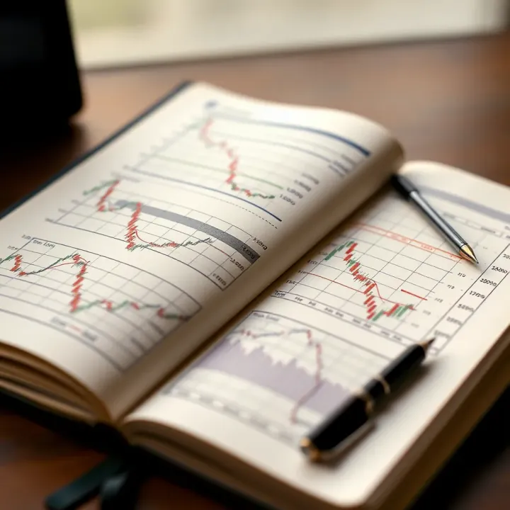 Open book with notes and financial graphs showing trading strategies