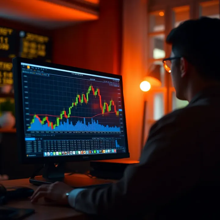 Illustration of a computer screen displaying financial charts and a trader analyzing market trends