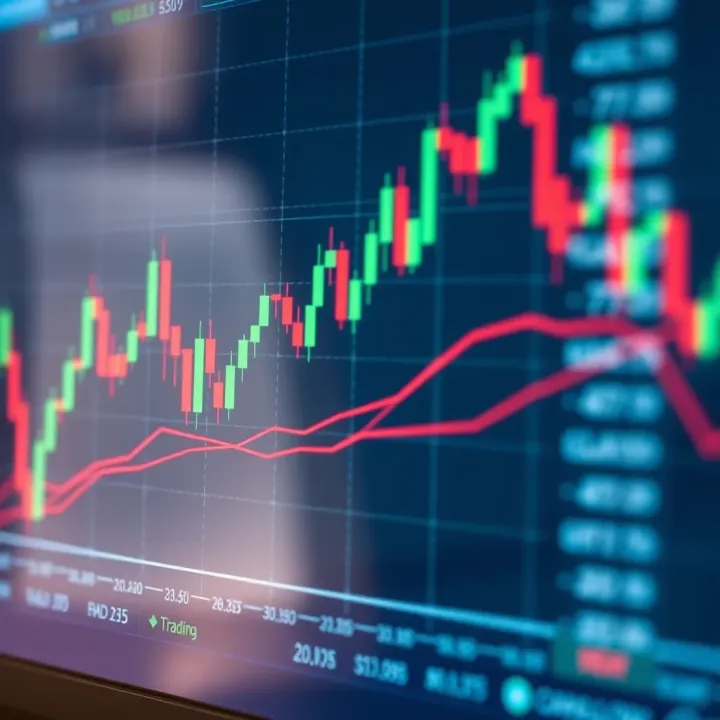 Graph showing upward and downward trends with candlestick patterns on a financial chart