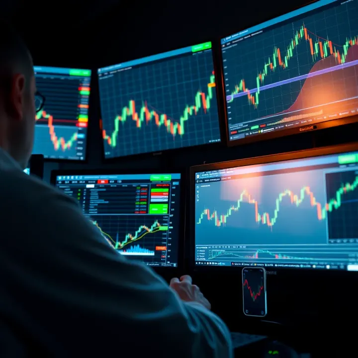 Trader analyzing market trends on multiple monitors with trading platform interface