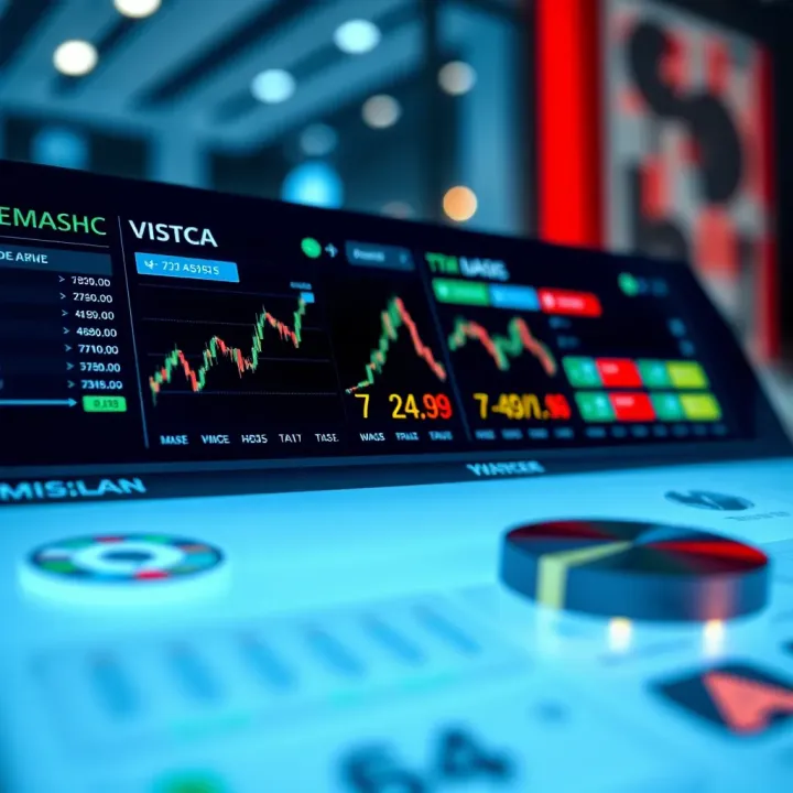 Graphic illustrating a digital interface showing a virtual investment account dashboard with charts and trading options