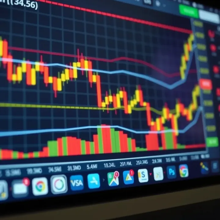 Graph depicting financial market trends with candlestick chart and technical indicators