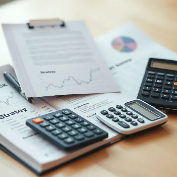 Conceptual illustration of financial education with a book, calculator, and strategy plan for binary options