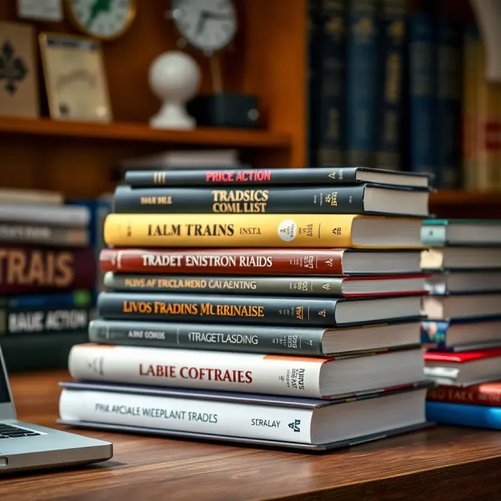 Top Books for Mastering Price Action Analysis Books on financial trading stacked on a wooden desk with a focus on price action analysis