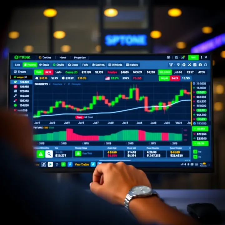 Illustration of a digital trading platform showing binary options interface with charts and demo account features