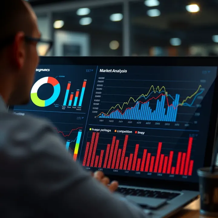 Visualization of market analysis data showing charts and graphs representing customer segments and competition