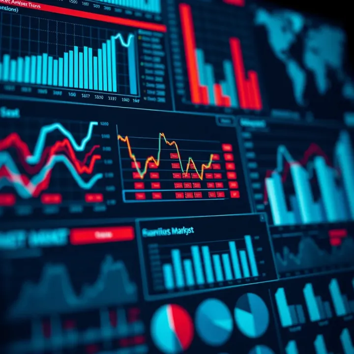 Graphic depicting market analysis with charts and data visualization elements