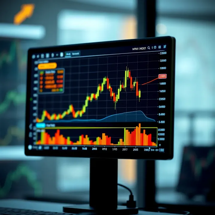 Graph illustrating Mini Index trading with demo account metrics on a digital screen